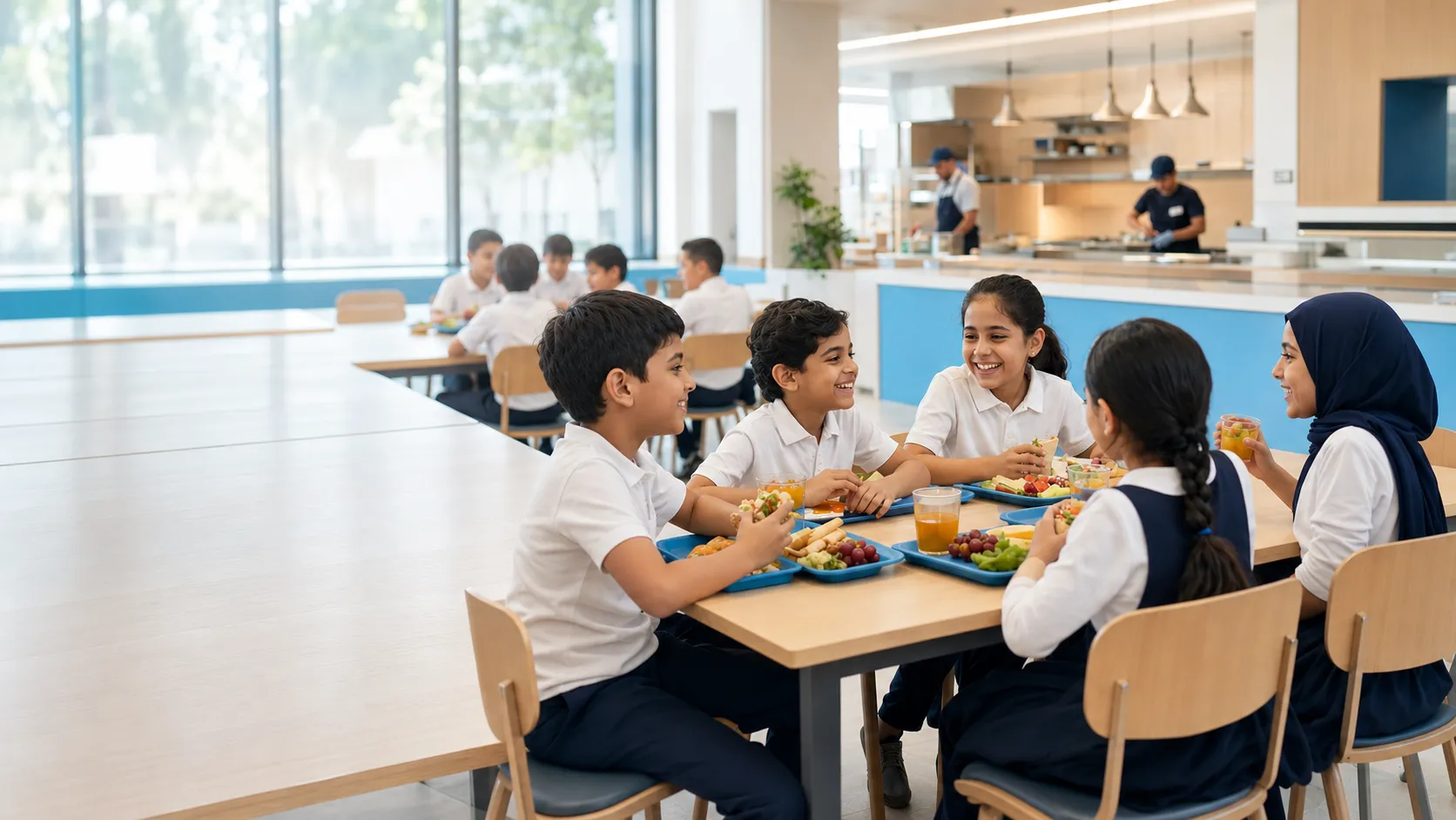 Children enjoying lunch together in a modern school cafeteria