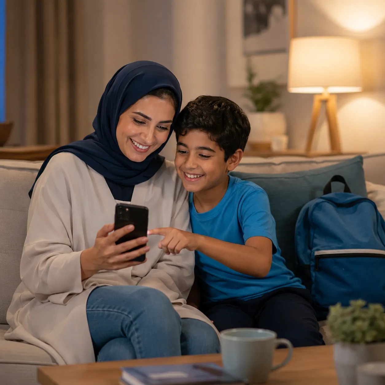 A mother and son choosing tomorrow's school lunch together in the Maqsaf app